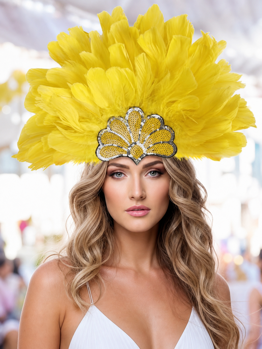 Yellow Carnival Headpiece with Gold Fan lifestyle view 2