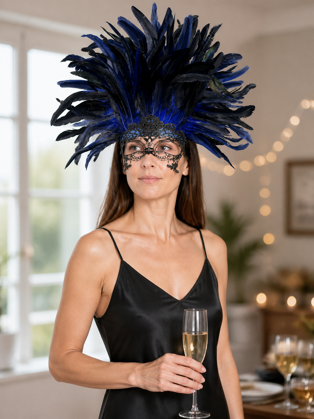 Carnival Headpiece with Blue-and-Black Feathers and Mask lifestyle view 2