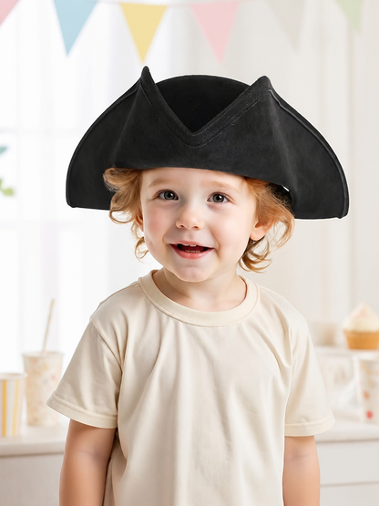 Children's Pirate Hat, Black Wide-Brim Tricorn Style Costume Hat with Turned-Up Sides, Pointed Crown Sections and Stitched Edging for Dress-Up Play and Costume Parties