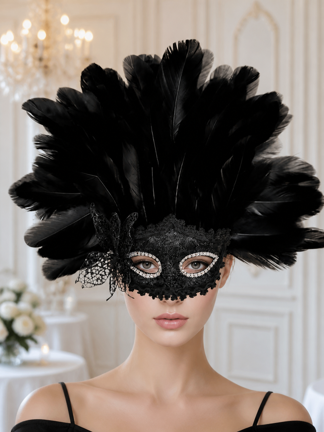 Carnival Mask with Black Feathers and Glitter