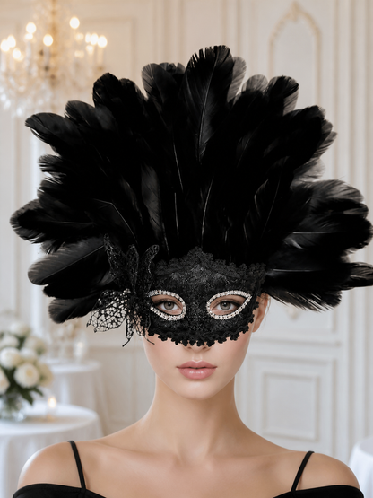 Carnival Mask with Black Feathers and Glitter