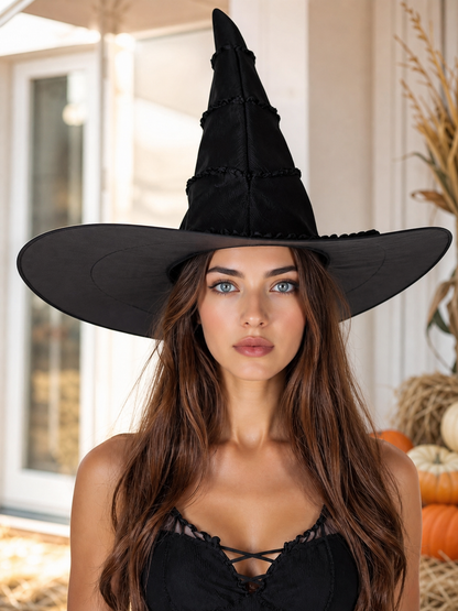 Black Halloween Witch Hat With Glossy Surface, Tall Pointed Crown And Wide Floppy Brim For Witch Cosplay Costume Party Accessory