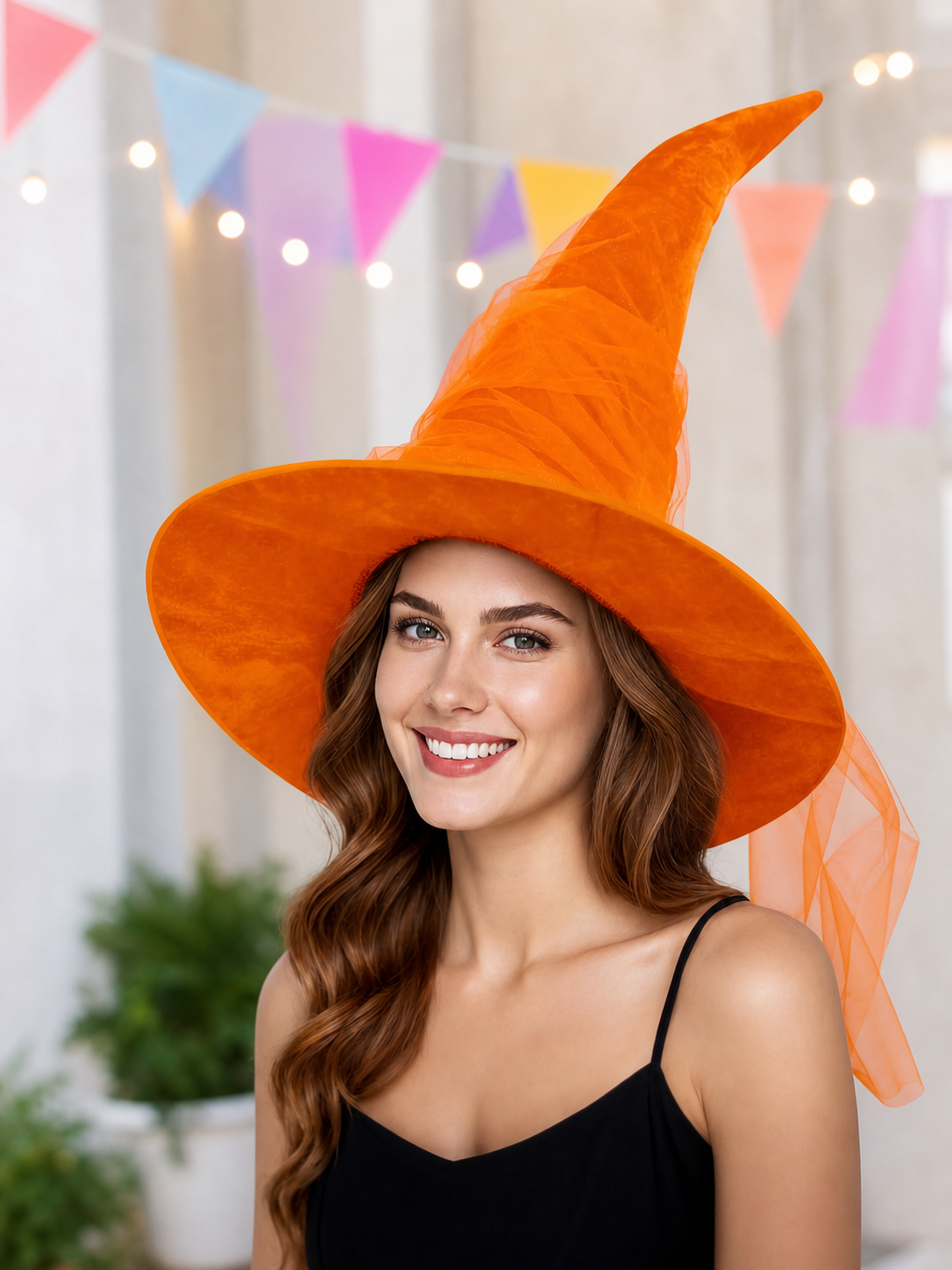 Orange Halloween Witch Hat with Very Tall Curved Pointed Crown, Wide Wavy Brim and Attached Sheer Veil for Costume Parties
