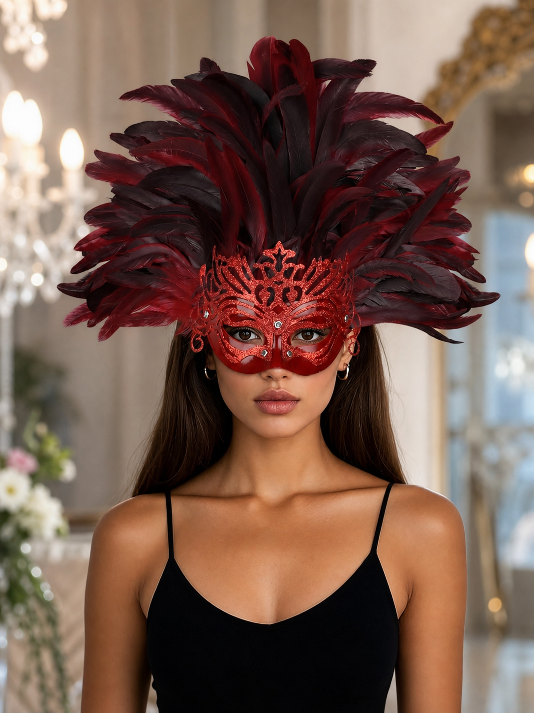 Carnival headpiece with feathers and mask