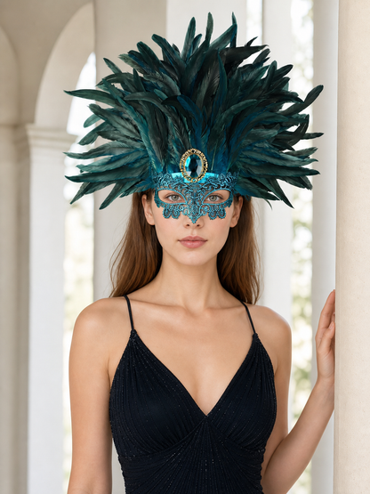 Carnival headpiece with feathers and a mask