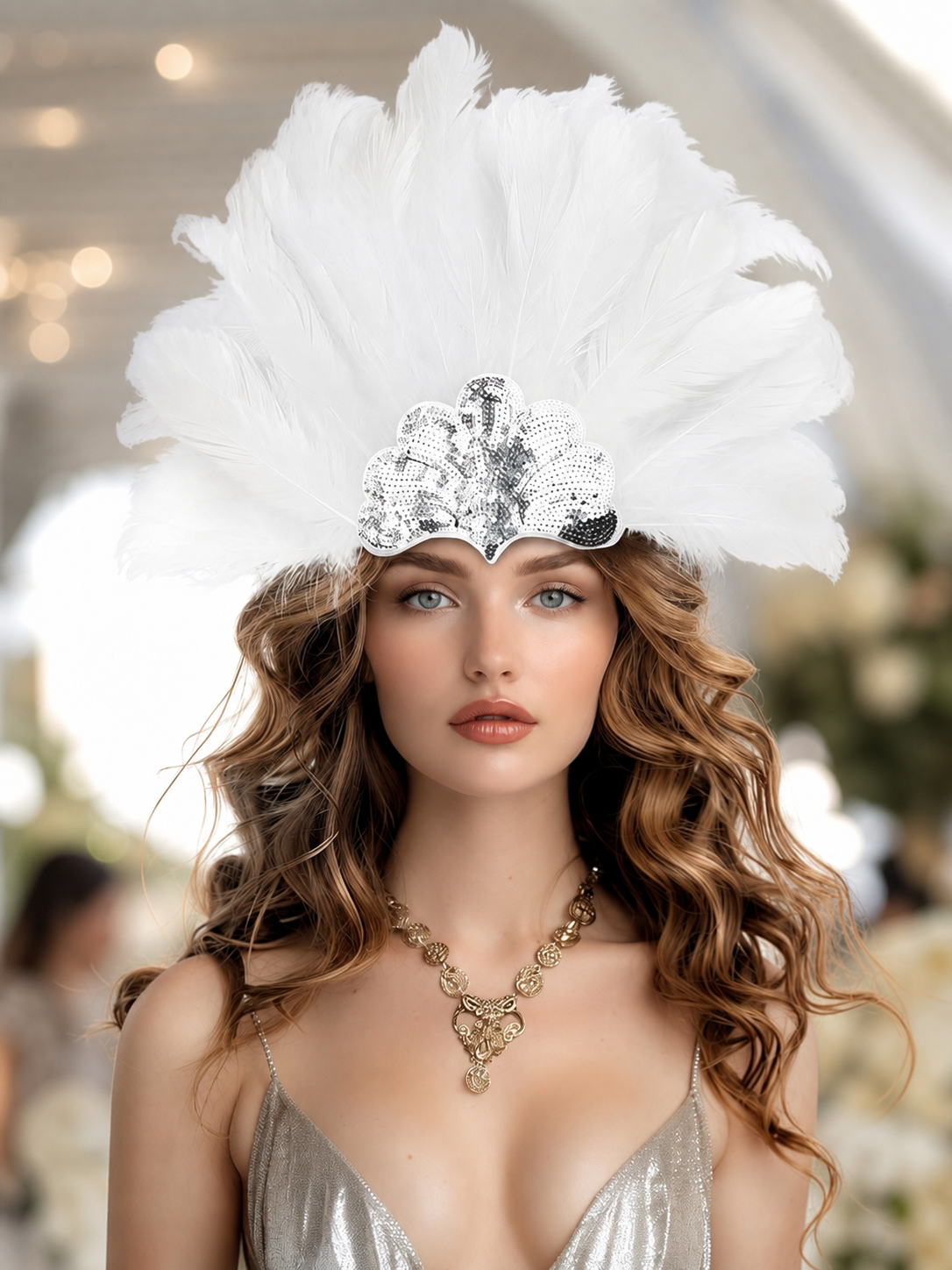 White Feather Carnival Headband with Silver Sequins product view 40
