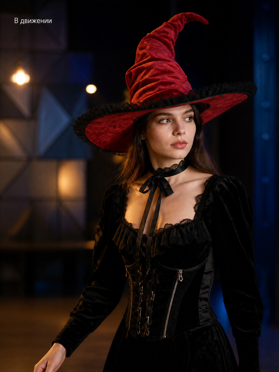 Red and Black Wide Brim Witch Hat, Tall Curved Pointed Top with Black Lace Trim lifestyle view 4