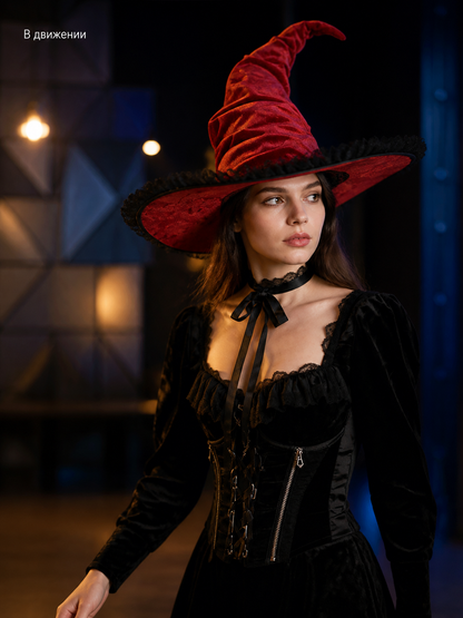 Red and Black Wide Brim Witch Hat, Tall Curved Pointed Top with Black Lace Trim lifestyle view 4