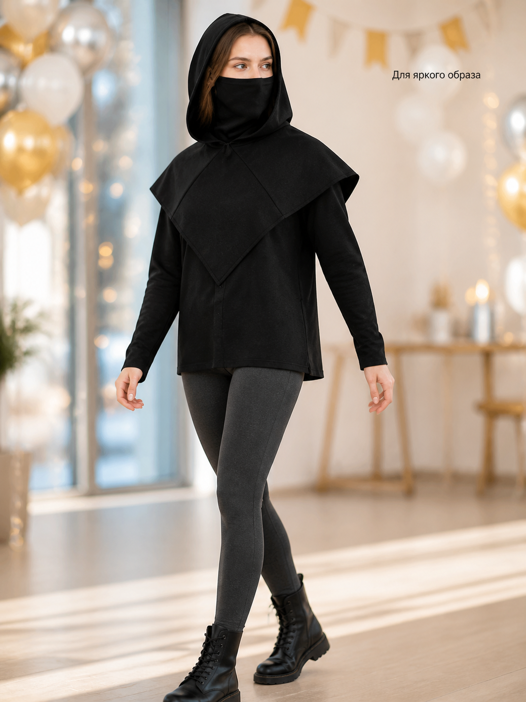 Black Carnival Cloak with Hood and Mask lifestyle view 4