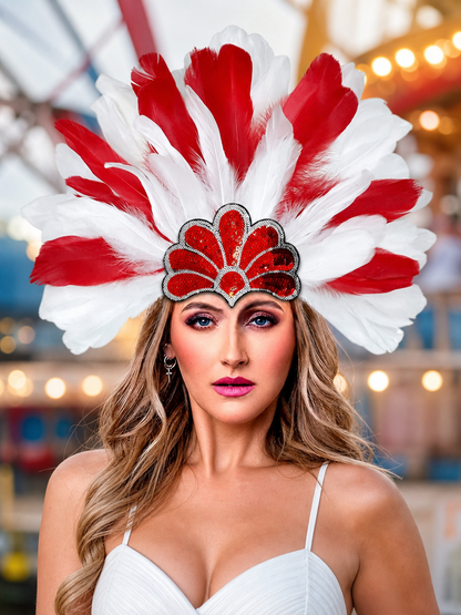 Carnival headpiece with red and white feathers