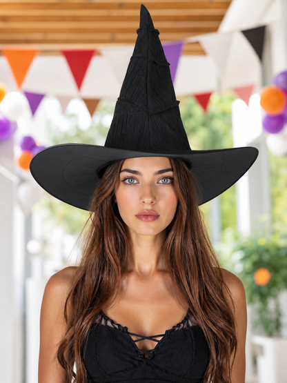 Matte Black Halloween Witch Hat Tall Pointed Crown Wide Curved Floppy Brim Ruched Costume Accessory for Cosplay Party Stage Dress Up