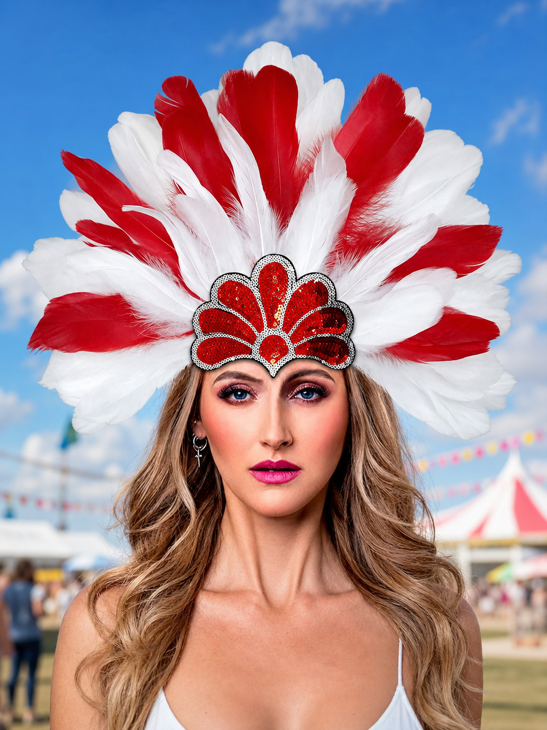 Carnival headpiece with red and white feathers