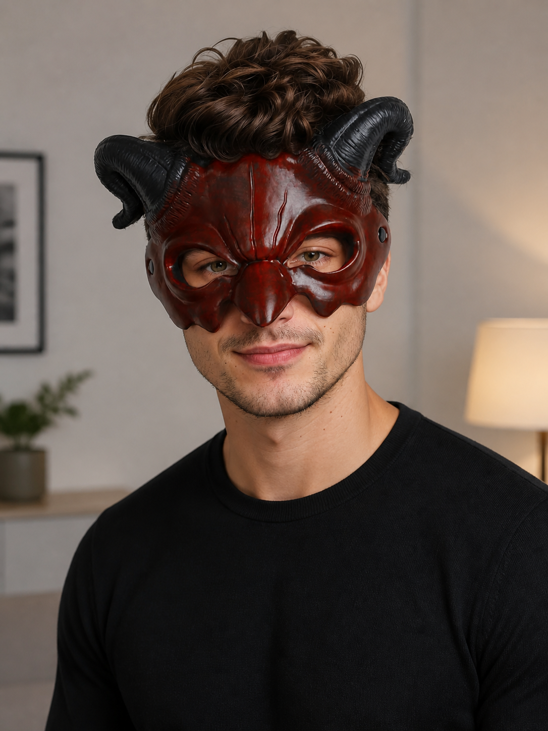 Red Carnival Mask with Horns for Halloween and Cosplay lifestyle view