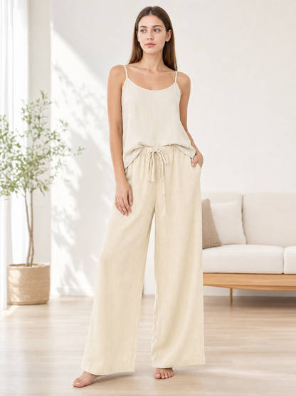 Beige Wide-Leg Pants with an Elastic Waistband and Drawstring lifestyle view 4