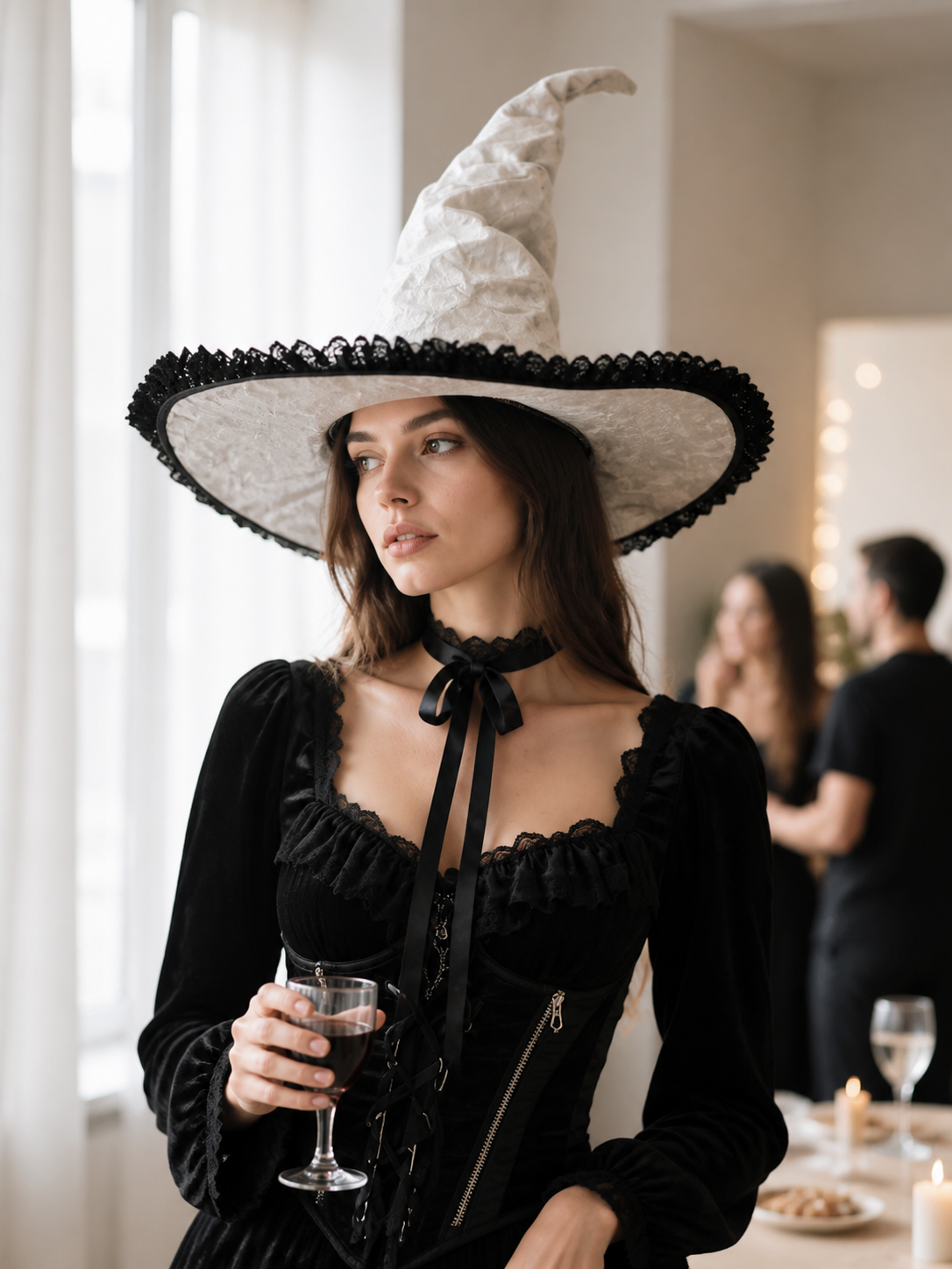 White and Black Witch Hat, Wide Brim Pointed Hat with Lace Trim and Curved lifestyle view 5