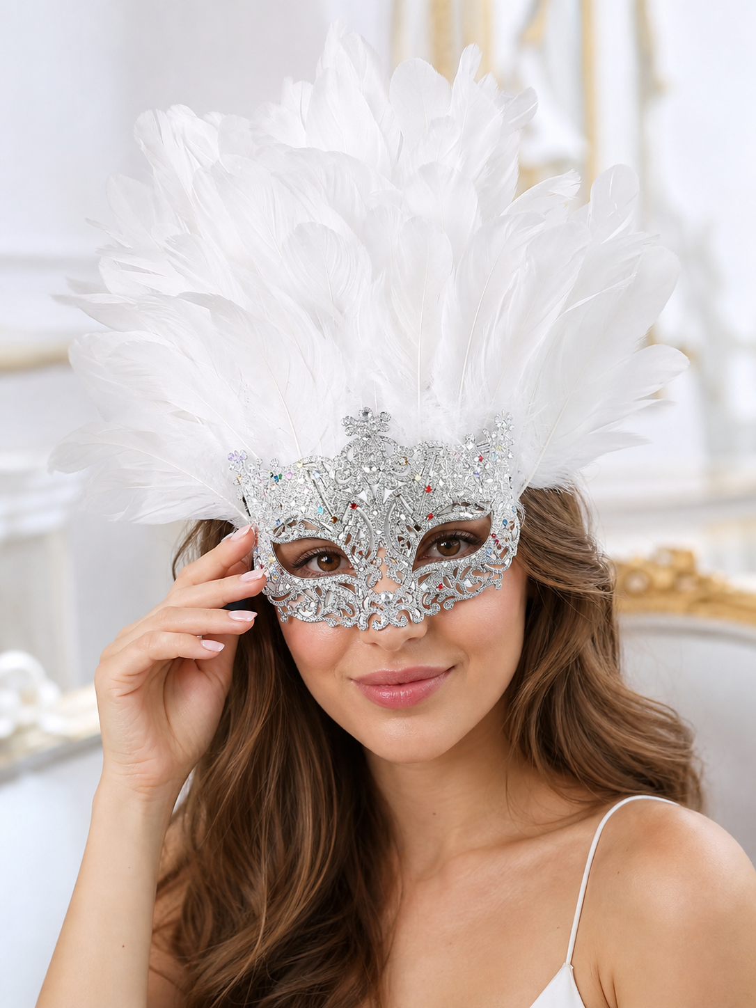 Masquerade Mask with White Feathers and Glitter