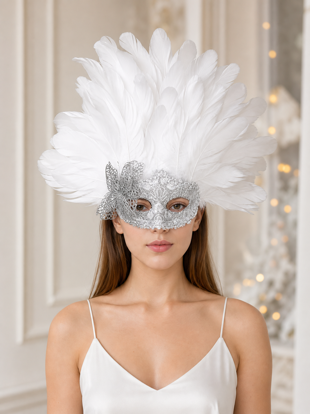 Carnival mask with white feathers and embellishments