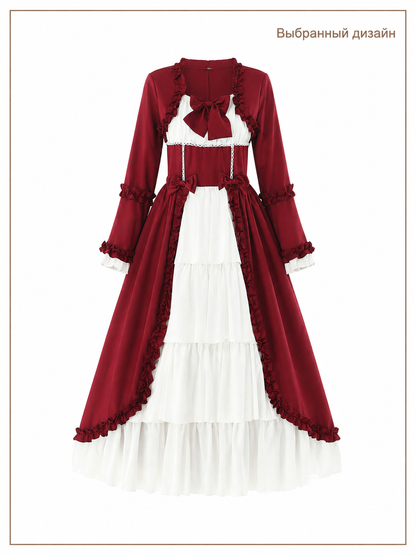 Burgundy Dress with Ruffles and Flared Sleeves Costume Dresses detail 3