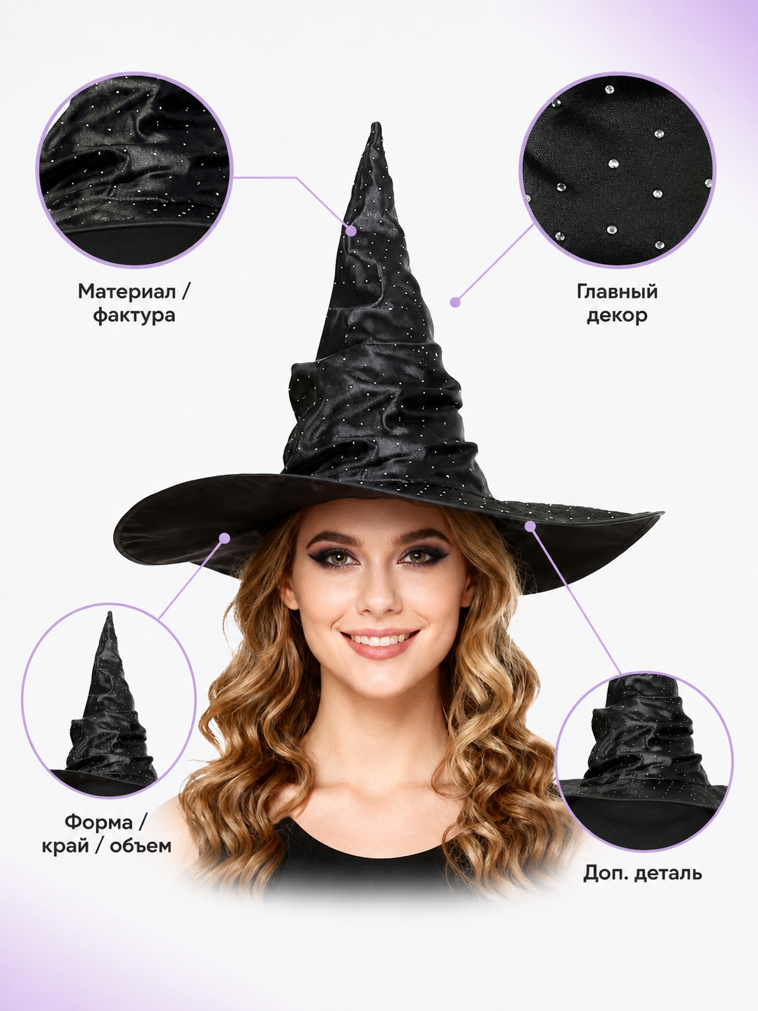 Black Halloween Witch Hat Pointed Wide Brim Ruched Crown With Silver-White Dot Embellishments Costume Accessory
