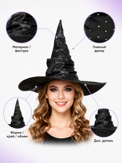 Black Halloween Witch Hat Pointed Wide Brim Ruched Crown With Silver-White Dot Embellishments Costume Accessory