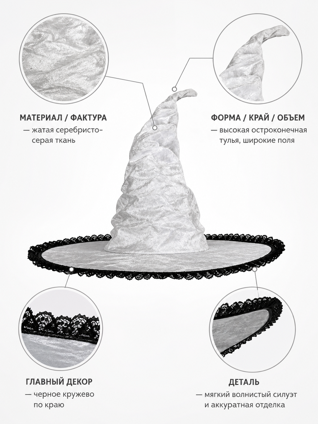 Light Gray White Halloween Witch Hat with Black Lace Trim, Tall Bent Pointed Crown and Wide Brim for Witch Cosplay Costume Party
