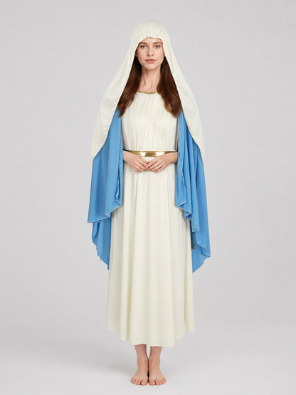 Front view of a model wearing a white robe with a blue draped cape, gold sash, and white head covering against a plain background