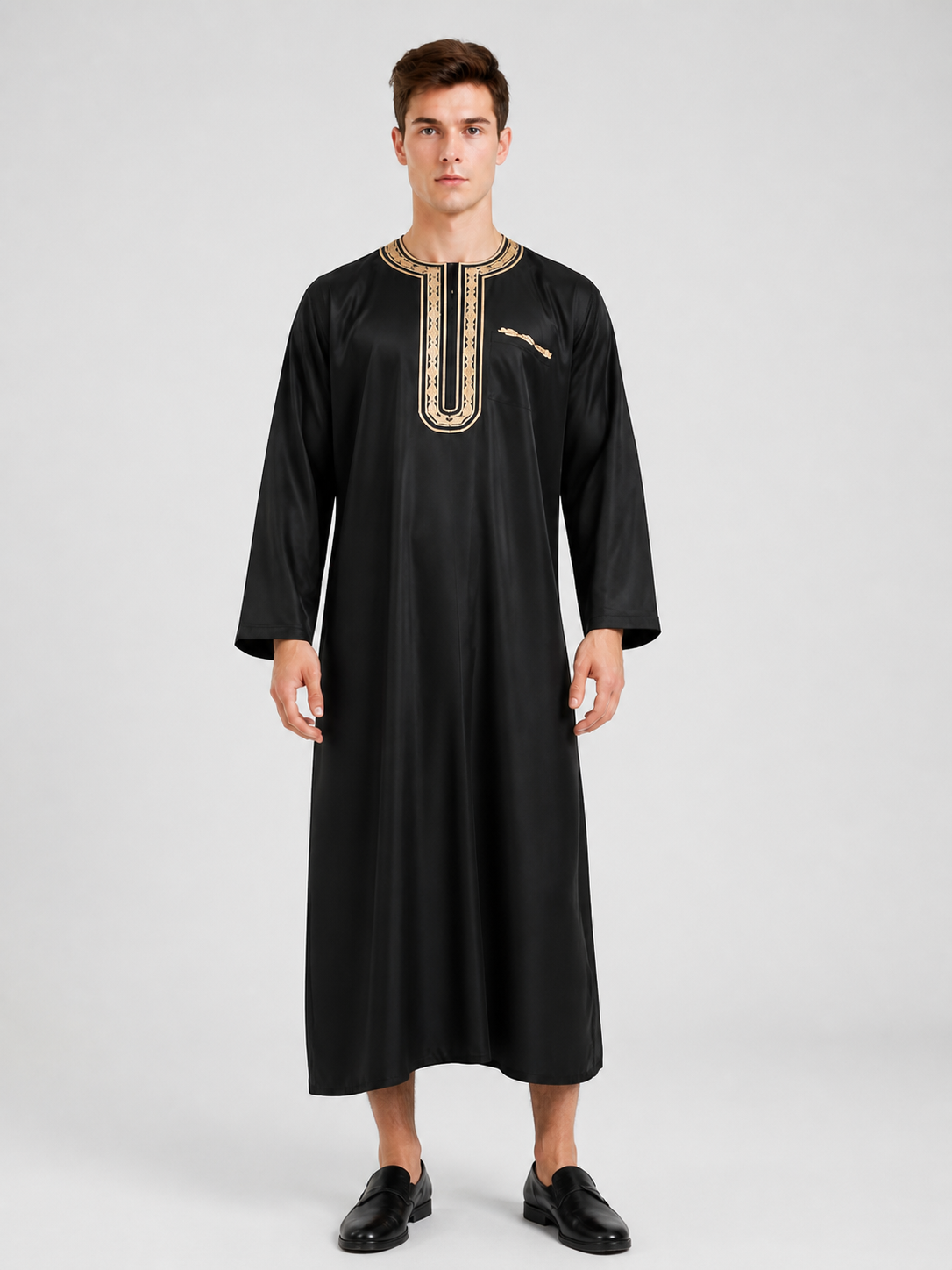 Long Black Abaya with Gold Collar Trim product detail