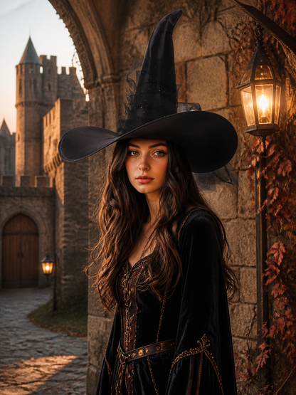 1pc Black Halloween Witch Hat Wide Brim Tall Pointed Wizard Cap with Mesh detail view