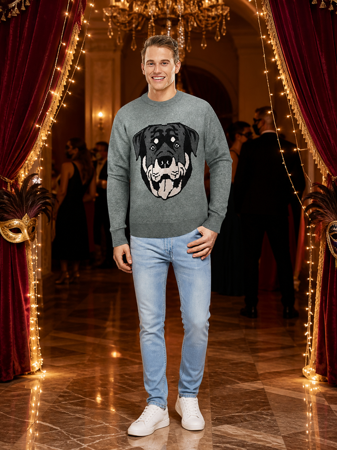 Gray Knit Sweater with Playful Dog Face Print, Long Sleeve, Crew Neck, Ribbed