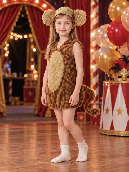 Baby Monkey Costume: Brown Sleeveless Hooded Jumpsuit with 3D Ears, Face