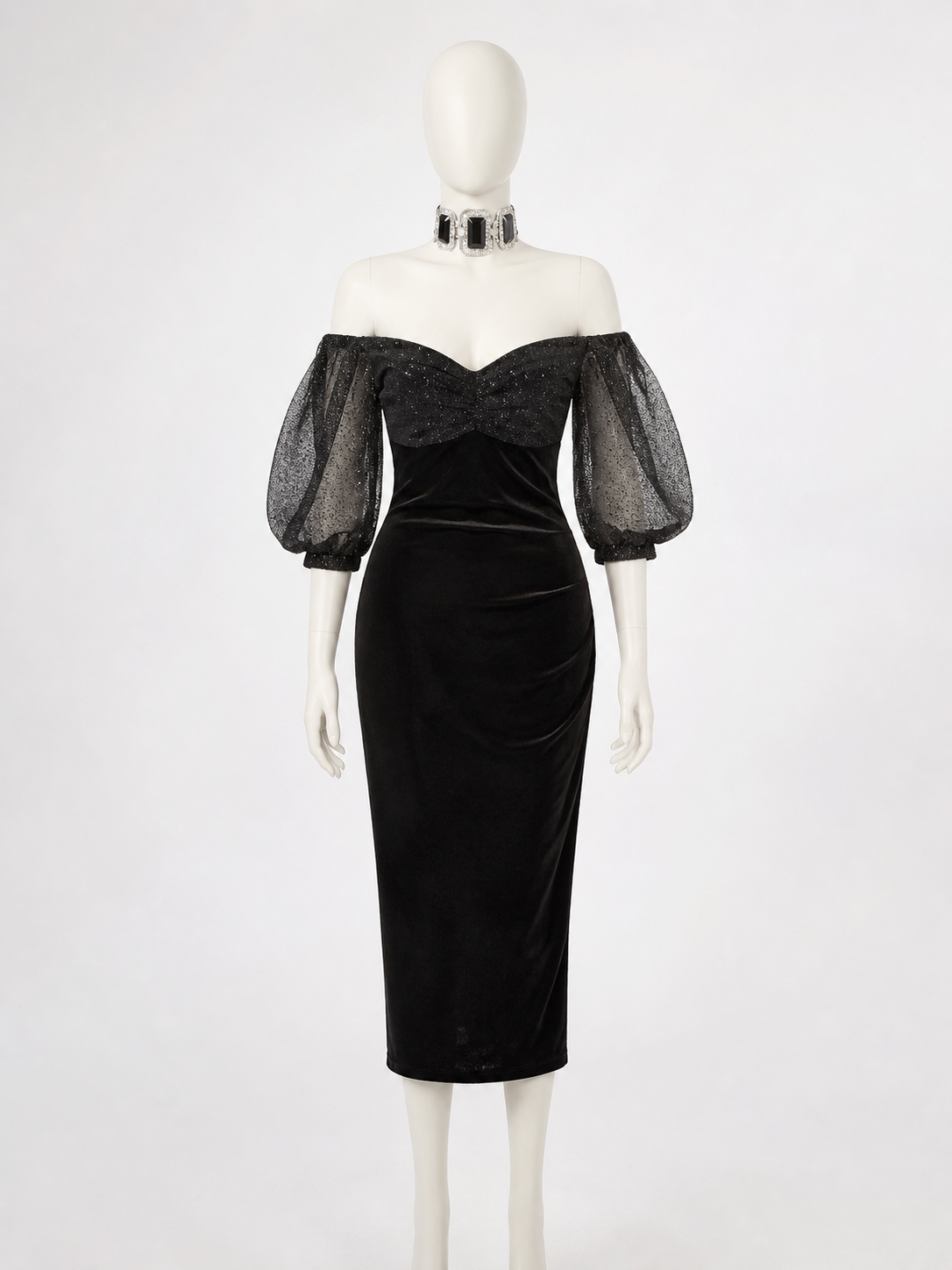 Black Off-Shoulder Dress with Long Puff Sleeves, Shiny Texture, Fitted