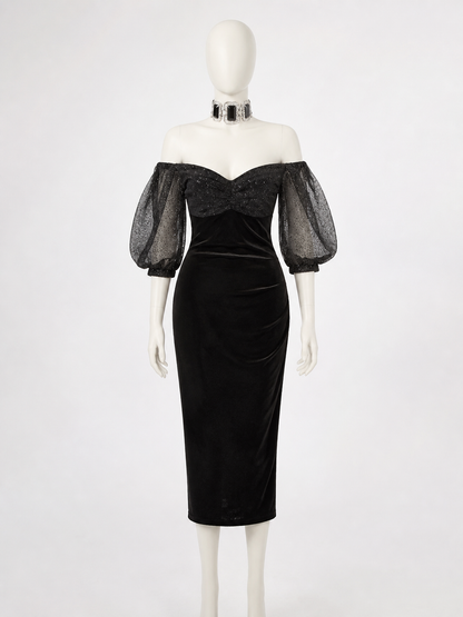 Black Off-Shoulder Dress with Long Puff Sleeves, Shiny Texture, Fitted