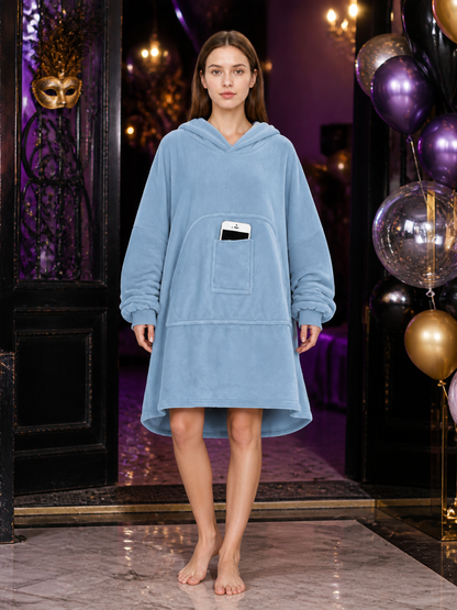 Sky Blue Hooded Long Coat with Asymmetric Hem, Large Front Pockets, Loose Long detail view