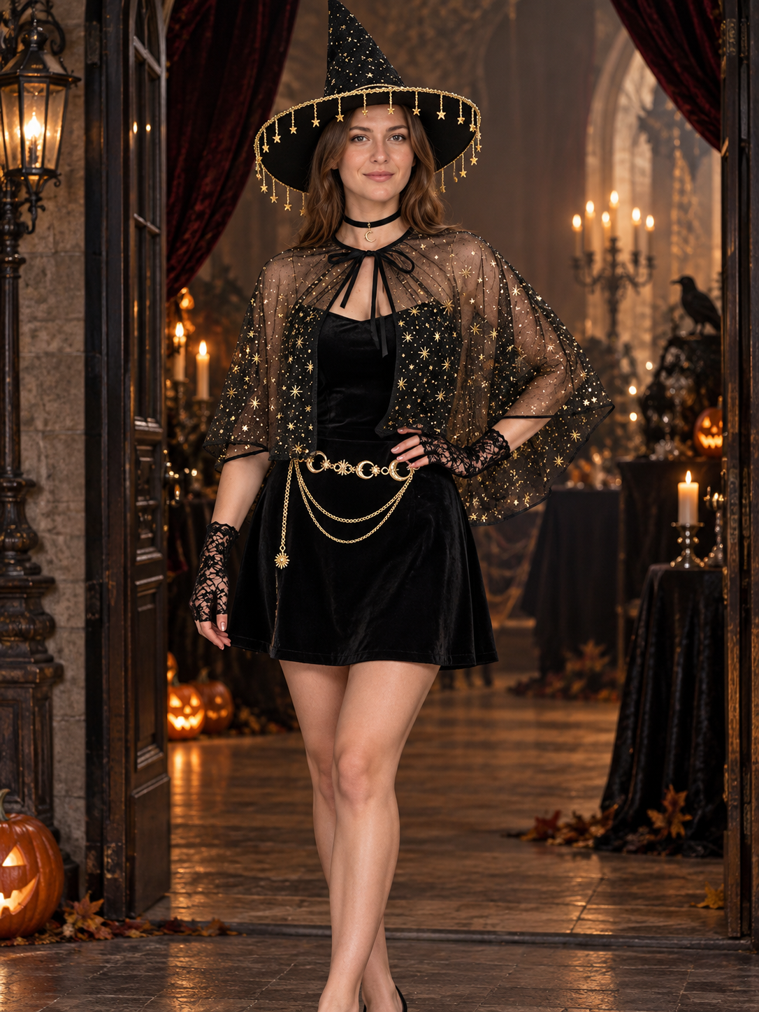 5-Piece Witch Costume Accessory Set: Hat, Choker, Gloves, Cape, and Waist Chain