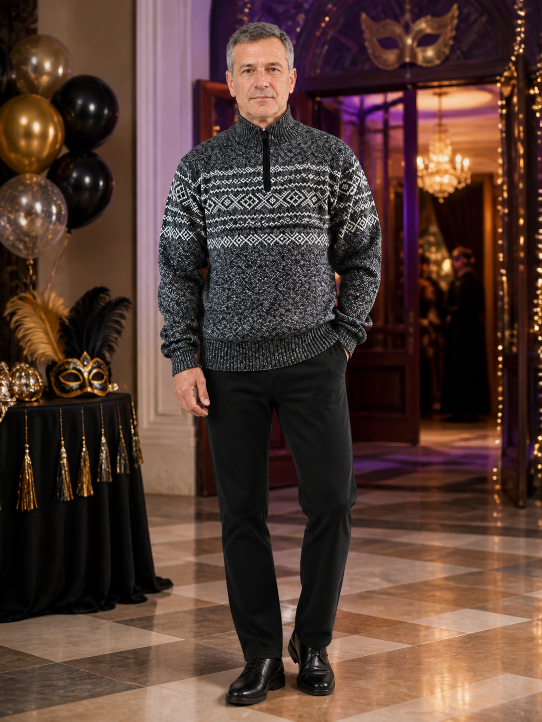 Gray Half-Zip High Collar Knit Sweater with Geometric Jacquard Pattern, Long