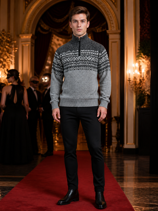 Geometric Jacquard High Collar Knit Sweater with Short Zipper, Gray-Black Color detail view
