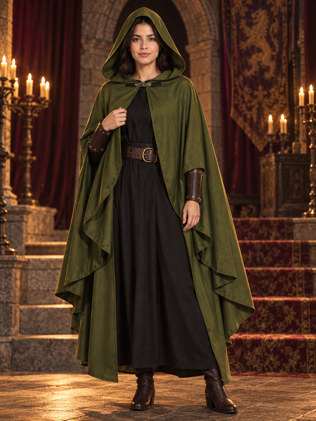 Olive green cloak costume with hood, open front, long panels, belt with buckle