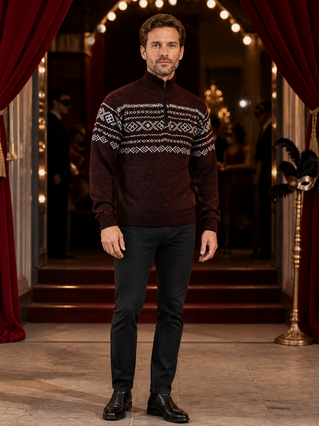 Wine Red Knit Sweater with Black Half-High Collar, Front Zipper, Long Sleeves