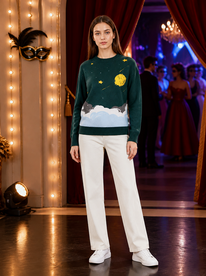 Deep Green Knit Sweater with Night Sky Star and Moon Pattern, Round Neck, Ribbed