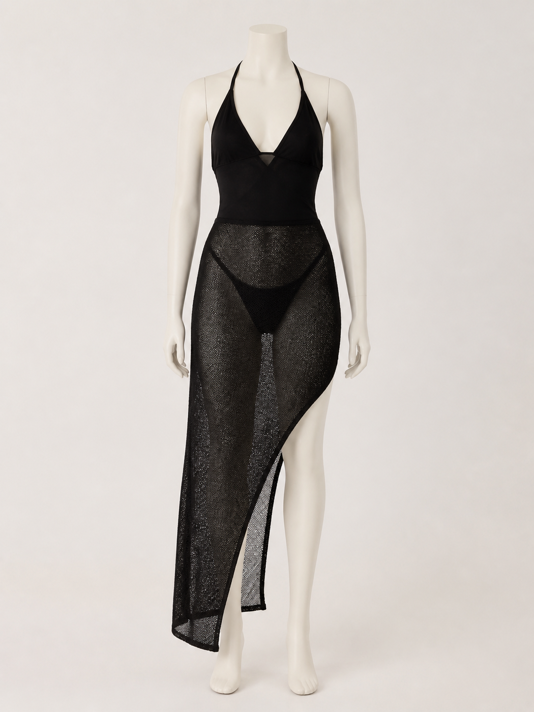 Stylish Black V-Neck Slip Dress with Asymmetric Hem, Sheer Overlay, High Slit