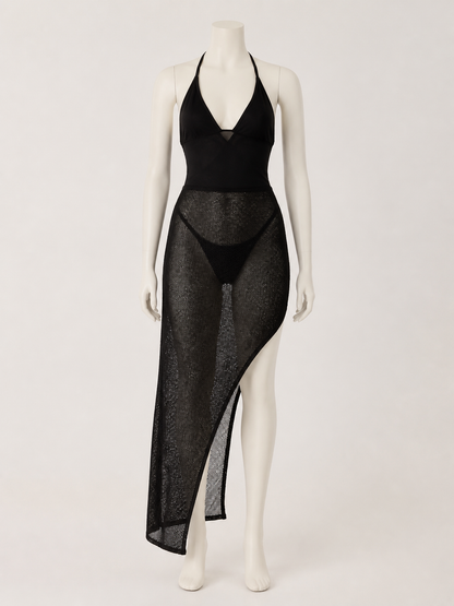 Stylish Black V-Neck Slip Dress with Asymmetric Hem, Sheer Overlay, High Slit