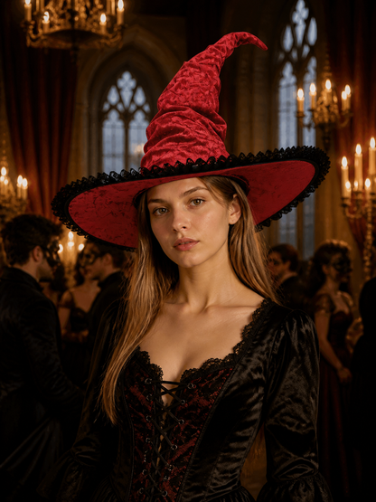 Red and Black Wide Brim Witch Hat, Tall Curved Pointed Top with Black Lace Trim detail view