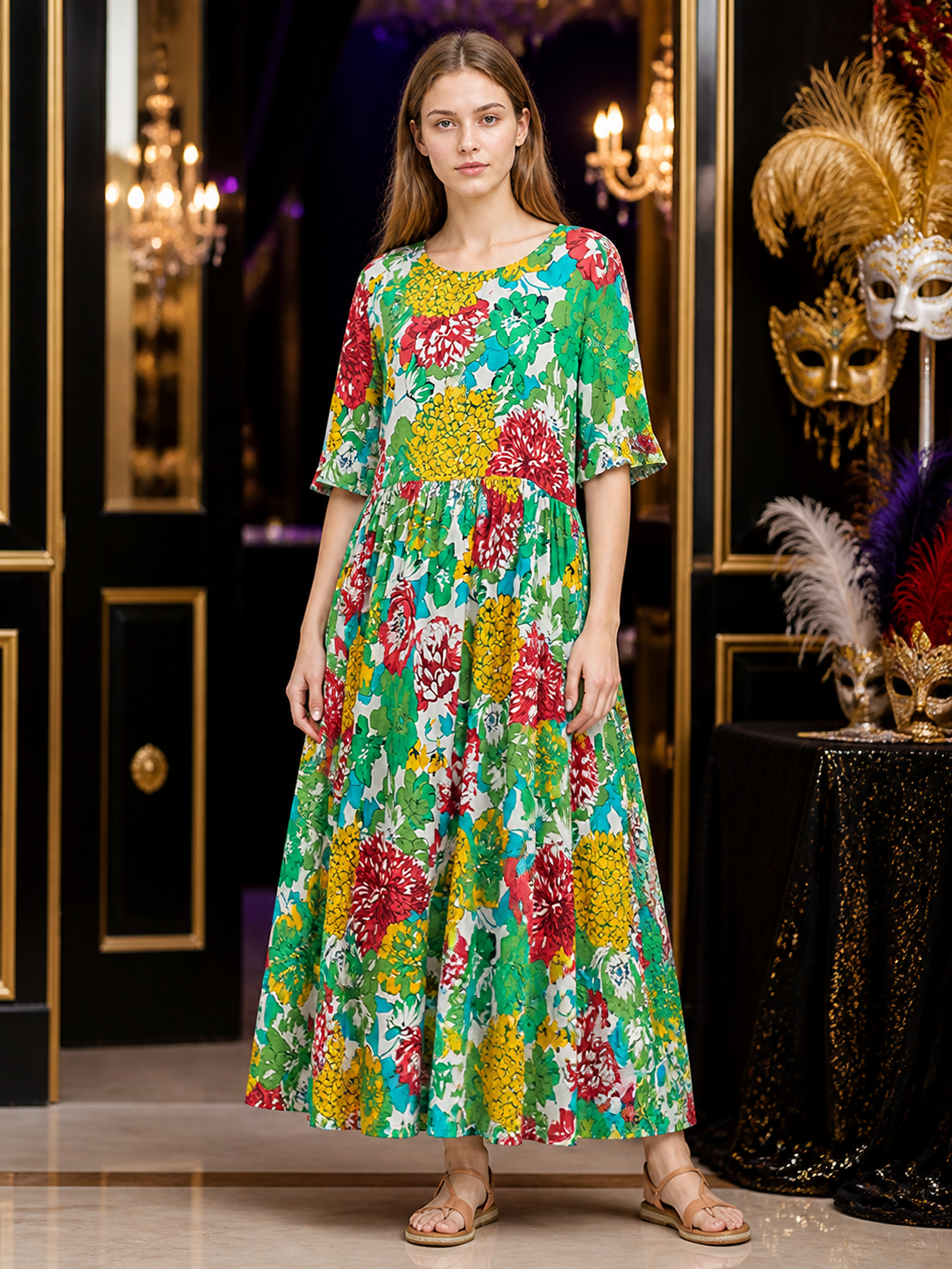 Green Multicolor Floral Print Long Dress with Short Sleeves, Round Neck, Wide detail view