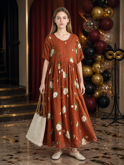 Rust Red Floral Print Short Sleeve Long Dress with Pleated High Waist and A-Line detail view