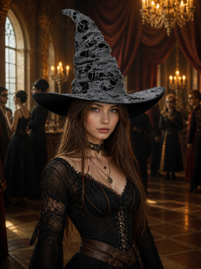 Gray Black Halloween Witch Hat For Women Wide Brim Curved Pointed Tattered Torn detail view
