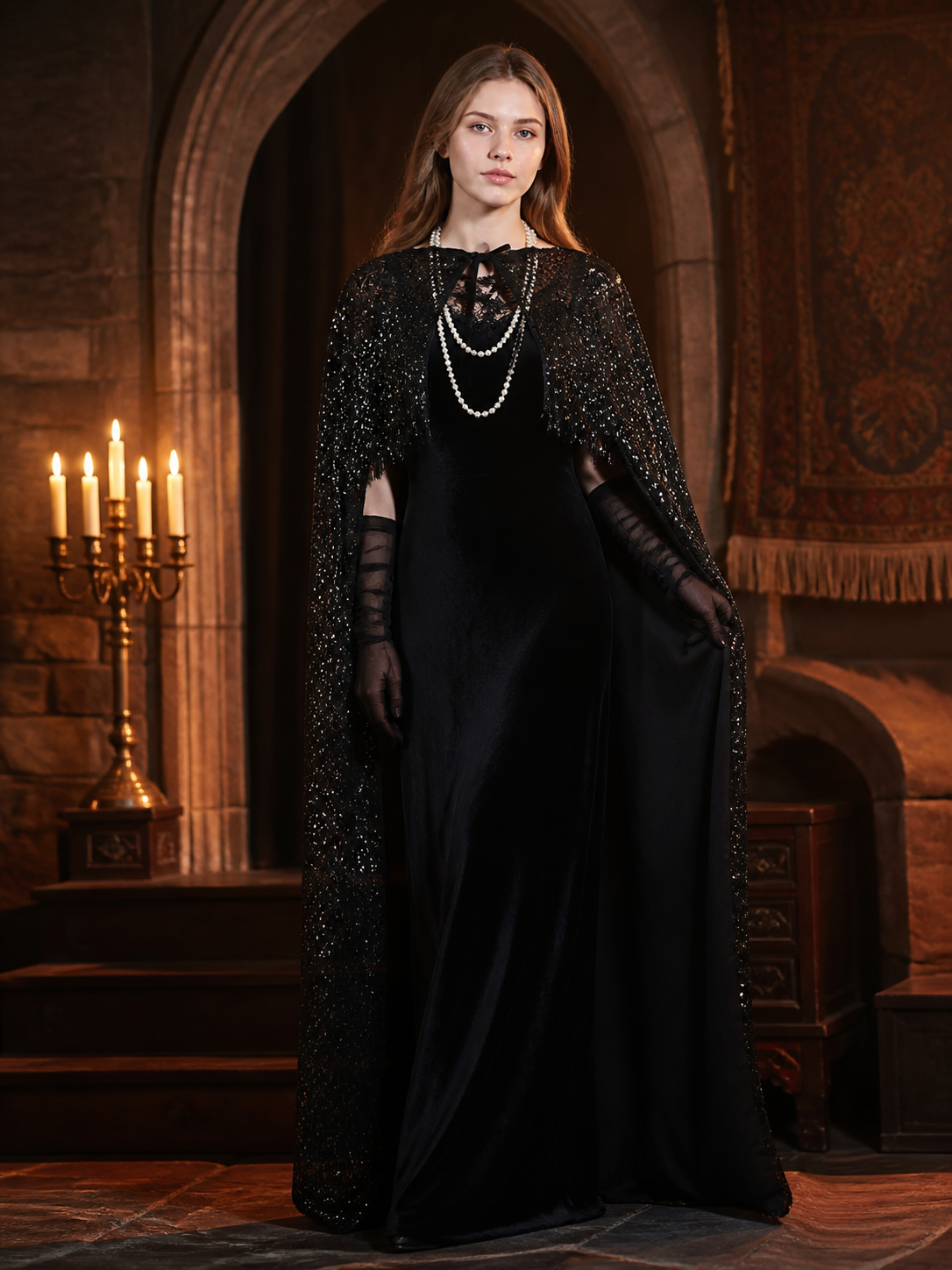 Black Fringe Lace Shawl Cape Set with Layered Necklace & Mesh Gloves for Women