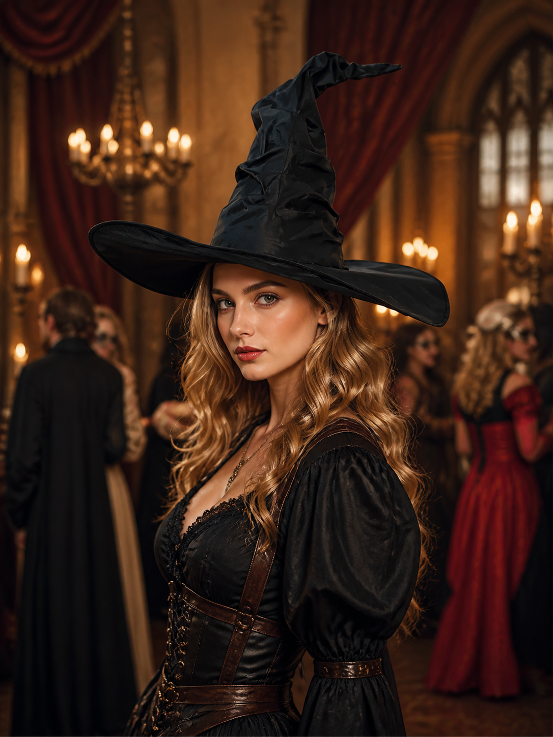 Black Halloween Witch Hat Wide Brim Pointed Wizard Hat Ruched Asymmetrical Brim detail view