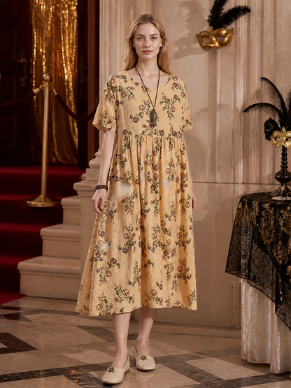 Full Body Floral Print Short Sleeve Loose Fit Long Dress with Waist Pleating and detail view