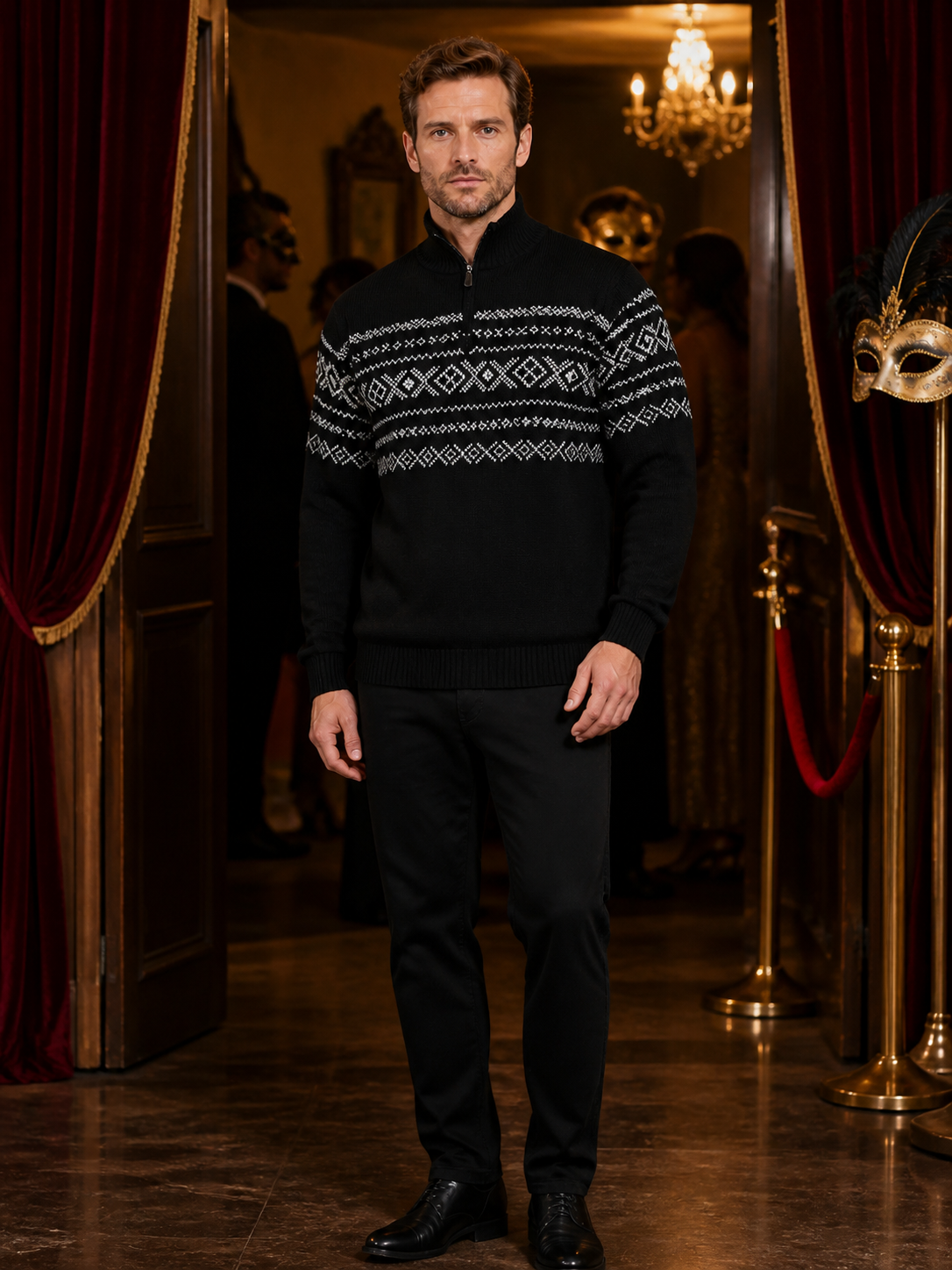 Retro Nordic Black Knit Sweater with Stand Collar, Half-Zip, and White Diamond