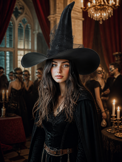 1pc Black Halloween Witch Hat Wide Brim Tall Pointed Wizard Cap with Mesh detail view 2 2